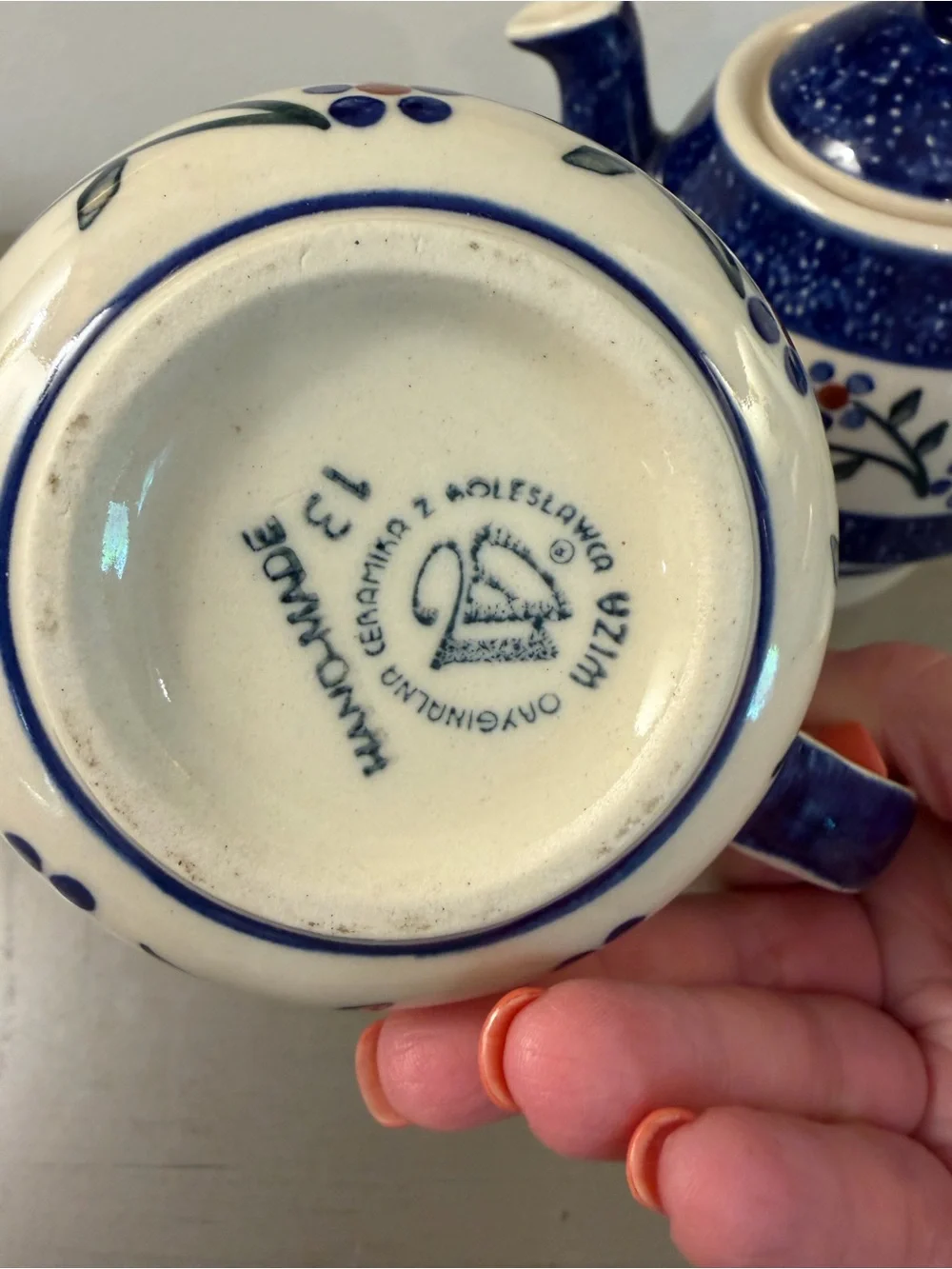 Wiza Polish Pottery Hand Made Tea For One Set Pot + Cup Stacking Blue Floral